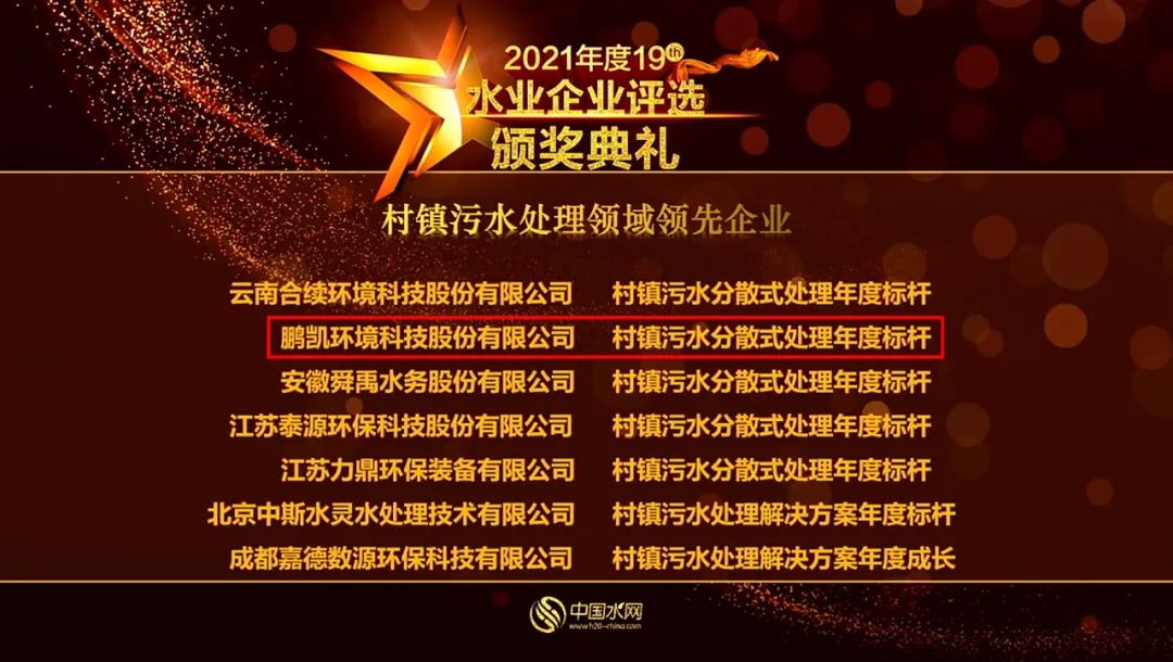 鵬凱環境榮獲“村鎮污水分散式處理年度標桿”獎項